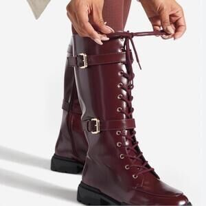 Gabriela Burgundy Goth Combat Boots with Gold-Tone Buckles Grunge Punk Size 6.5